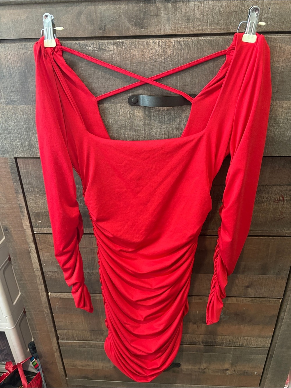 Red Ruched Long-Sleeve Bodycon Dress